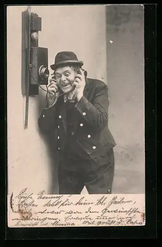 AK Herr mit Hut am Telefon