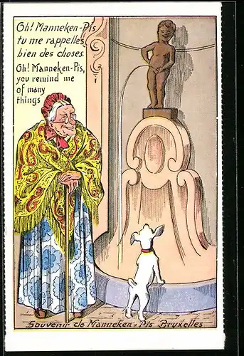 Künstler-AK Bruxelles, Oh! Manneken-Pis tu me rappelles bien des choses, Toilettenhumor