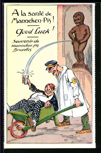 Künstler-AK Bruxelles, A la sante de Manneken-Pis!, Good Luck!, Toilettenhumor
