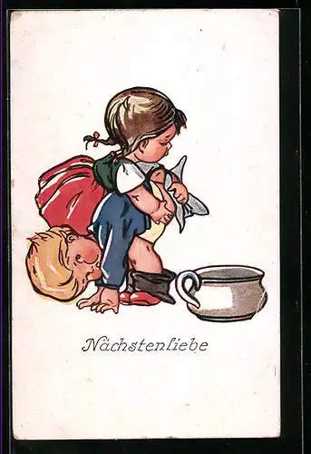 Künstler-AK Nächstenliebe, Schwester wischt dem Brüderchen den Po ab