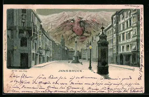 Lithographie Seiling Nr. 42: Innsbruck, Strassenpartie mit Denkmal, Berg mit Gesicht / Berggesichter