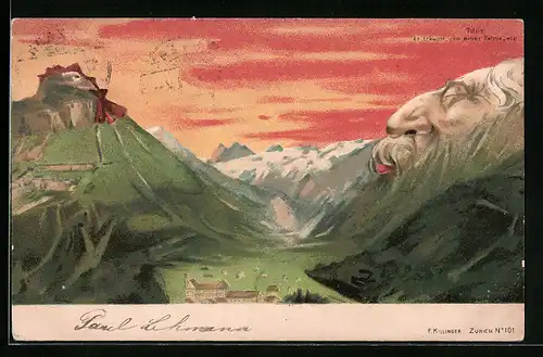 Lithographie Killinger Nr. 101: Titlis, Er träumt von einer Plame, Berg mit Gesicht / Berggesichter