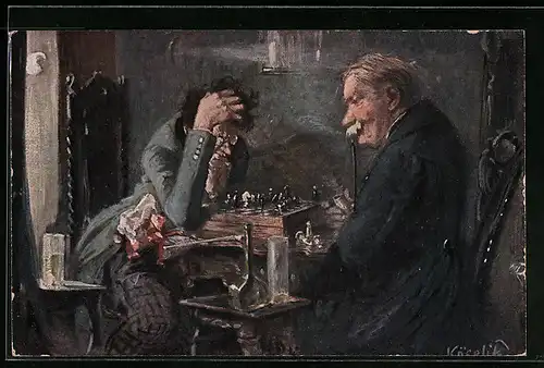 AK Zwei Herren am Tisch beim Schach