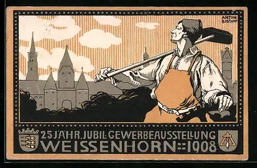 Künstler-AK Weissenhorn, 25. Jähr. Jubil. Gewerbe-Ausstellung 1908, Arbeiter auf dem Weg in die Stadt