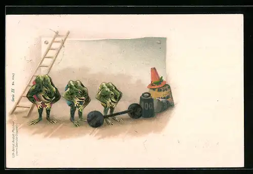 Lithographie Frösche machen Rumpfbeugen, vermenschlichte Tiere