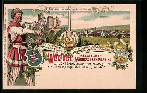 Lithographie Lichtenau /Hessen, Wettstreit Hessischer Männergesangsvereine 1904, Gesamtansicht, Wartburg