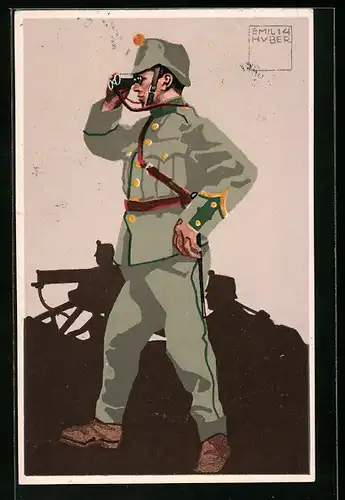 Künstler-AK sign. Emil Huber: Schweizer Felduniform, 11. Infanterie-Mitrailleur, Korporal