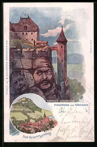 Lithographie Schwenke Ser. 1, Nr. 6: Königstein, Hungerturm und Türkenloch, Berg mit Gesicht / Berggesichter
