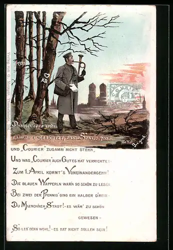 AK Briefträger mit Trompete, Anlasskarte Trennung der privaten Stadtpost Courier und Staaatspost 1900