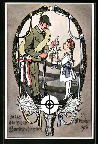 AK München, Deutsches Bundesschiessen 1906, Schütze nimmt Pokal von kleinem Mädchen entgegen