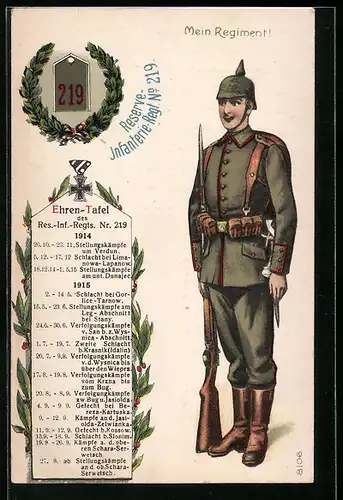 AK Mein Regiment!, Soldat des Reserve-Infanterie-Regiments No. 219, Ehren-Tafel 1914