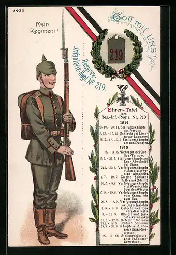 AK Gott mit uns!, Soldat des Reserve-Infanterie-Regiments No. 219, Ehren-Tafel 1914