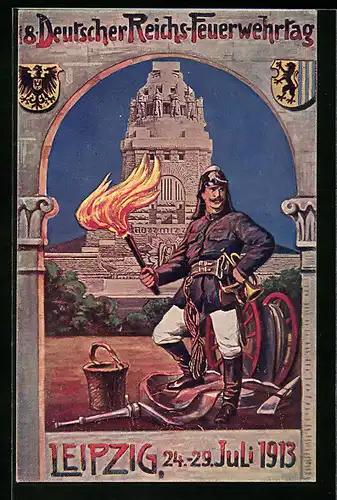 Künstler-AK Leipzig, Deutscher Reichs-Feuerwehrtag 1913, Feuerwehrmann mit Fackel vor dem Völkerschlacht-Denkmal, Wappen