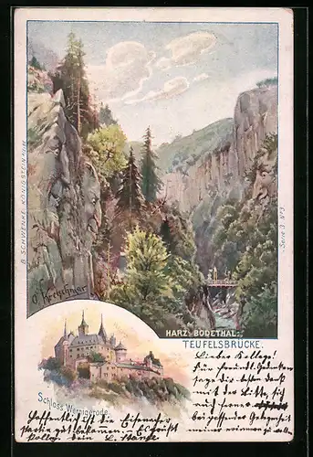 Lithographie Schwenke Ser. 3 Nr. 3: Wernigerode, Schloss, Teufelsbrücke im Bodethal, Berggesichter