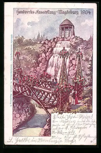 AK Magdeburg, Handwerks-Ausstellung 1904, Ausstellungsgelände mit Brücke, Wasserfall und Pavillon