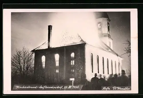 Foto-AK Seifhennersdorf, Kirchenbrand 1935