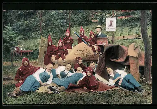 AK Döbeln, Werdegang des Riesen-Jubiläums-Stiefels 1925, Heinzelmännchen ermuntern Stiefelbauer zur Arbeit