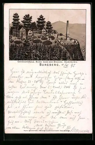 Vorläufer-Lithographie Bad Harzburg, Gasthaus und Canossasäule auf dem Burgberg 1895