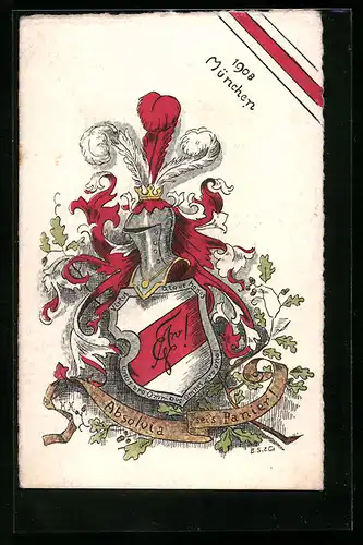 Künstler-AK München, Absolvia sei`s Panier, Studentenwappen 1908