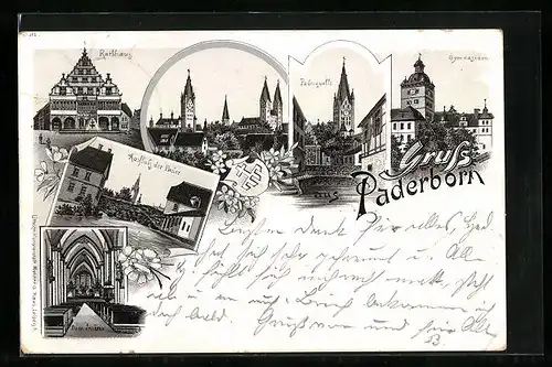 Lithographie Paderborn, Gymnasium, Rathaus, Paderquelle