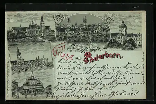 Mondschein-Lithographie Paderborn, Rathaus, Dom, Gymnasium