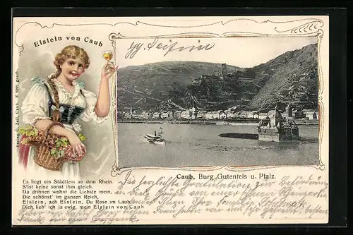 Passepartout-Lithographie Caub, Burg Gutenfels und Pfalz, Elslein von Caum