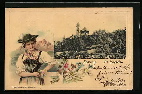 Passepartout-Lithographie Kempten, Die Burghalde, Frau in Tracht