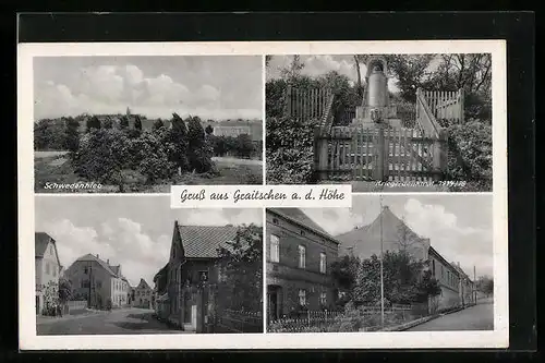 AK Graitschen a. d. Höhe, Schwedenhieb, Strassenpartie, Kriegerdenkmal 1914-18
