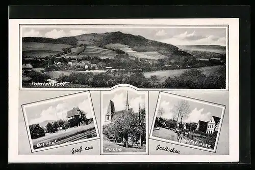 AK Graitschen, Kirche, Bahnhof, Dorfstrasse