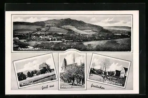 AK Graitschen, Kirche, Bahnhof, Dorfstrasse