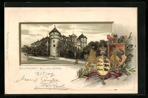 Passepartout-Lithographie Stuttgart, Das alte Schloss, Wappen