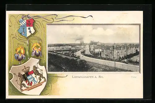 Passepartout-Lithographie Ludwigshafen a. Rh., Teilansicht mit Strassenpartie, Wappen