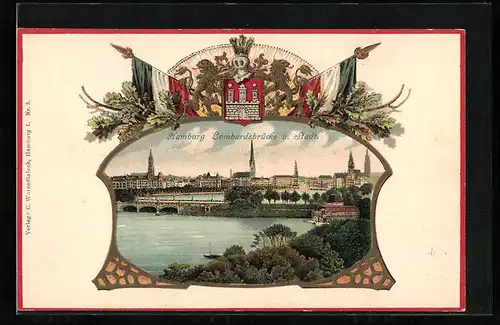 Passepartout-Lithographie Hamburg-Neustadt, Lombardsbrücke, Wappen