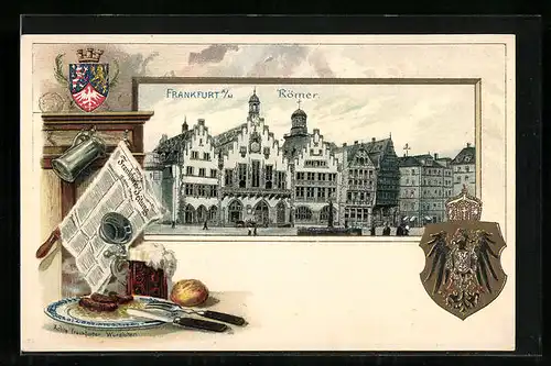 Passepartout-Lithographie Alt-Frankfurt, Römer, Teller mit Würsten, Wappen