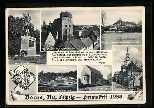 AK Borna /Bez. Leipzig, Heimatfest 1938, Gesamtansicht mit Stadtkirche, Stätte der Volksgemeinschaft, Kunigundenkirche