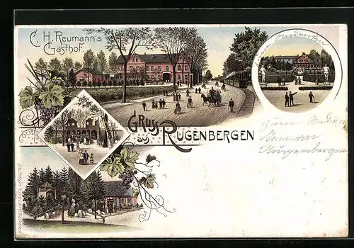 Lithographie Rugenbergen, C. H. Reumann`s Gasthof mit Eisenbahn, Garten, Eingang