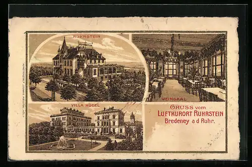 Künstler-AK Bredeney a. d. Ruhr, Hotel Ruhrstein, Inneres Weinsaal, Villa Hügel