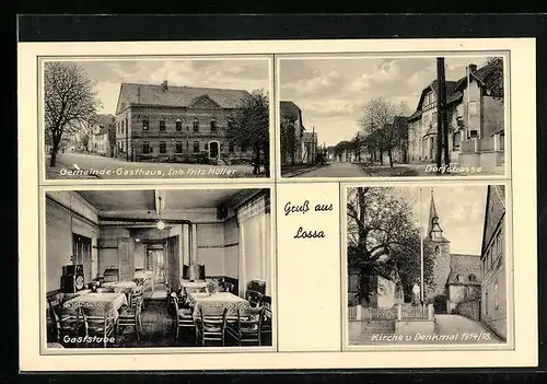 AK Lossa, Gemeinde-Gasthaus, Inneres Gaststube, Kirche und Denkmal 1914-18
