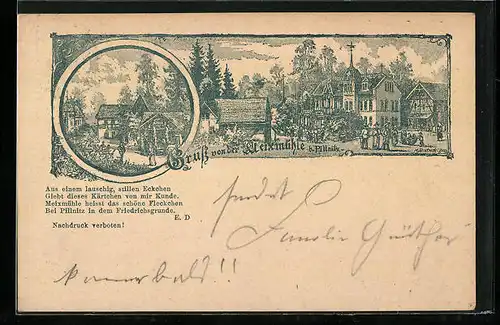 Vorläufer-Lithographie Dresden-Pillnitz, 1894, Gasthaus Meixmühle, Ortspartie