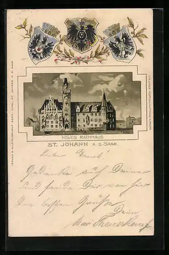 Passepartout-Lithographie St. Johann a. d. Saar, Neues Rathaus, Wappen