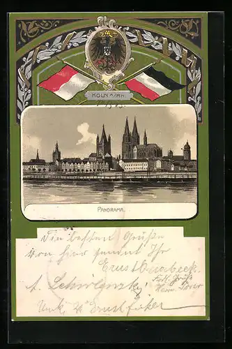 Passepartout-Lithographie Köln a. Rh., Panorama, Wappen