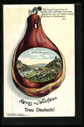 Passepartout-Lithographie Porta Westfalica /Westfalen, Panorama mit Denkmal im Schinken