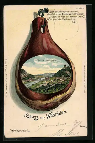 Passepartout-Lithographie Porta Westfalica, Ortsansicht auf westfälischem Schinken