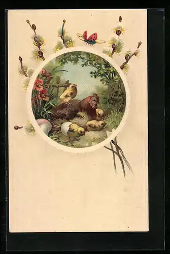 AK Huhn mit Osterküken zum Feste