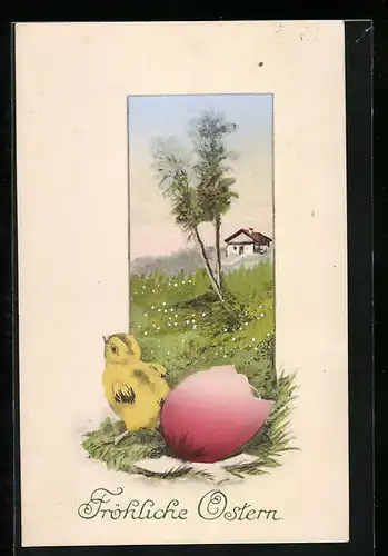 AK Osterküken mit Osterei-Schale