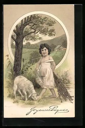 AK Mädchen mit Zweigen und Lämmchen