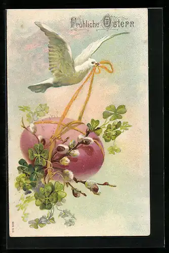 AK Taube mit Schleife im Schnabel, Osterei mit Kleeblatt