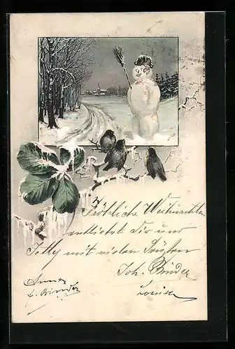 AK Schneemann mit Kleeblatt