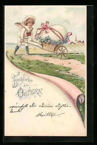AK Osterengelchen fährt einen Karren mit einem Osterei