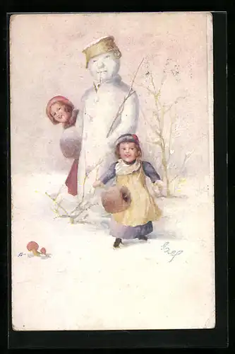 AK Schneemann mit Kindern